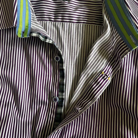 Robert Graham X Striped Button Down Flip Cuff Dress Shirt Cotton Purple Mens 3XL - Picture 11 of 16